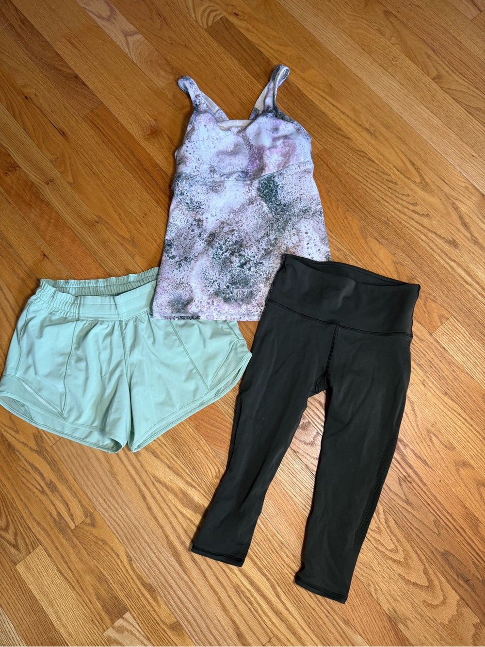 lululemon athletica Mint Shorts, Green Capri Leggings & Lavender Tie-Dye Tank